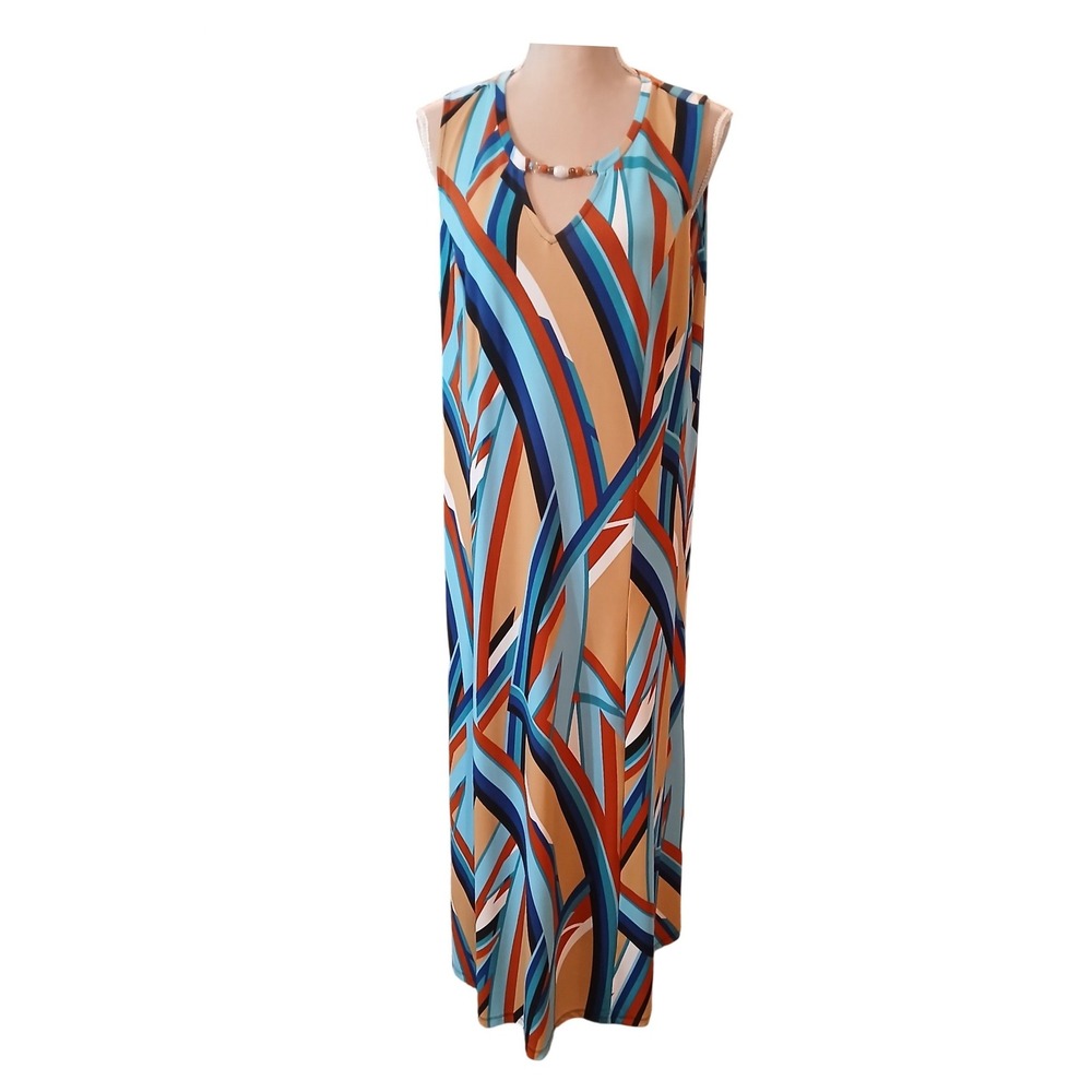Susan Graver XLP Liquid Knit Geometric Sleeveless Maxi Dress Blue V-Neck Beaded